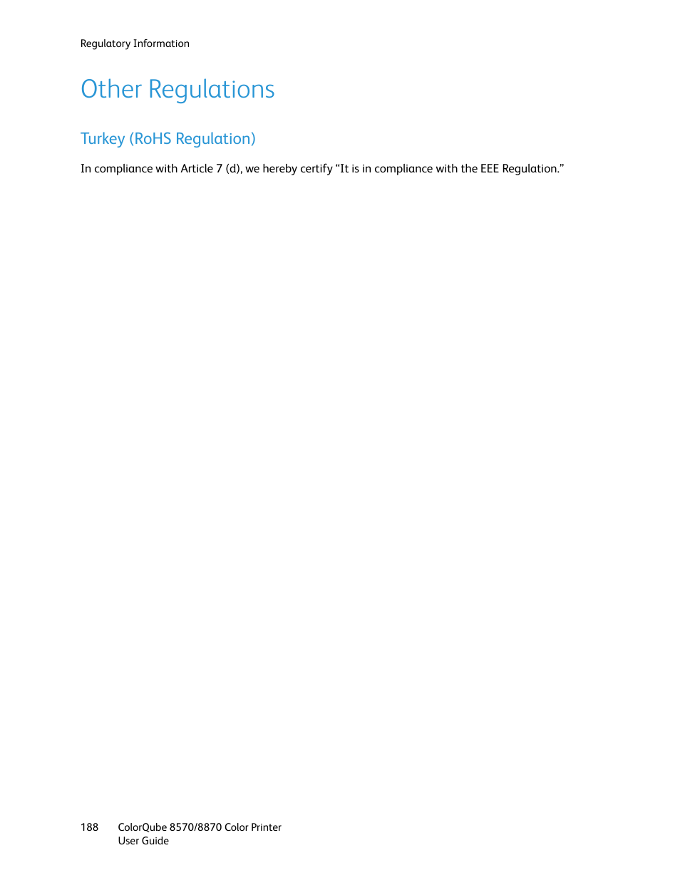 Other regulations, Turkey (rohs regulation) | Xerox COLORQUBE 8870 User Manual | Page 188 / 200