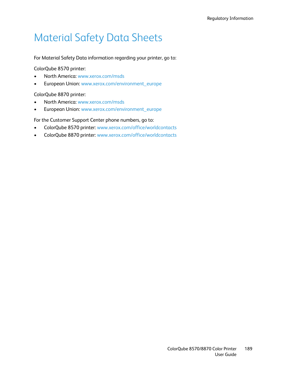 Material safety data sheets | Xerox COLORQUBE 8870 User Manual | Page 189 / 200