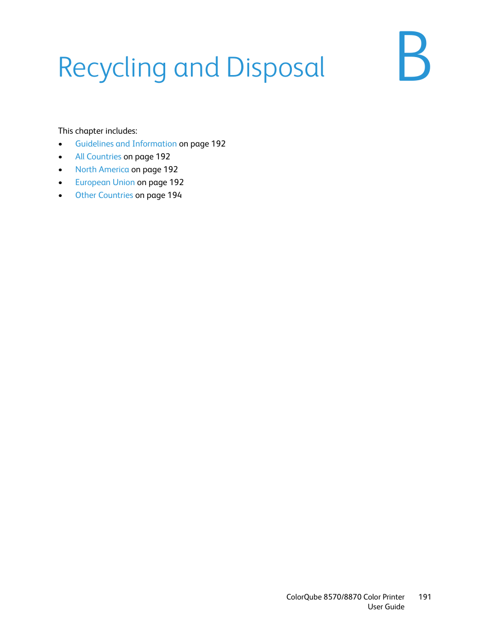 Recycling and disposal | Xerox COLORQUBE 8870 User Manual | Page 191 / 200