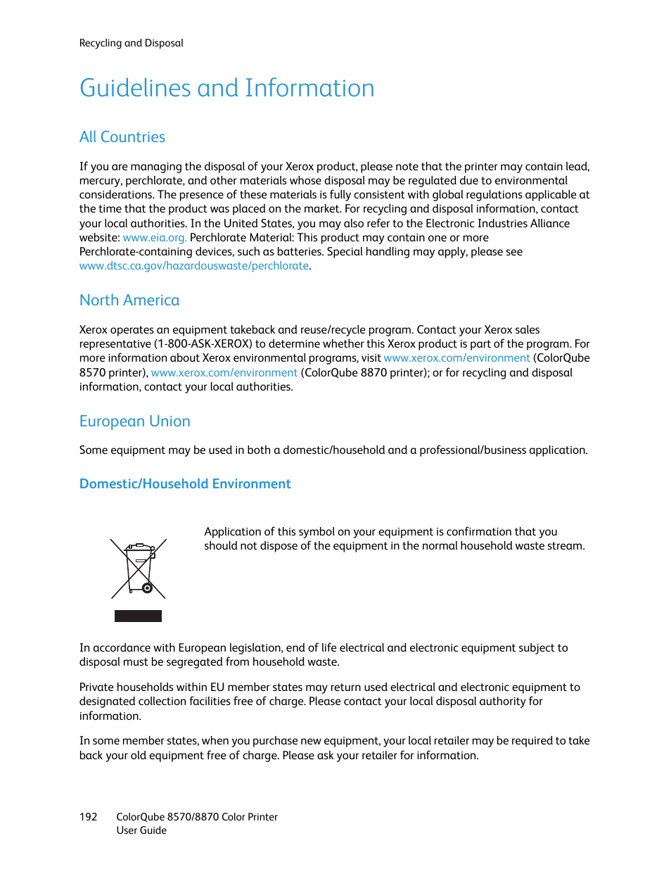 Guidelines and information, All countries, North america | European union, All countries north america european union | Xerox COLORQUBE 8870 User Manual | Page 192 / 200