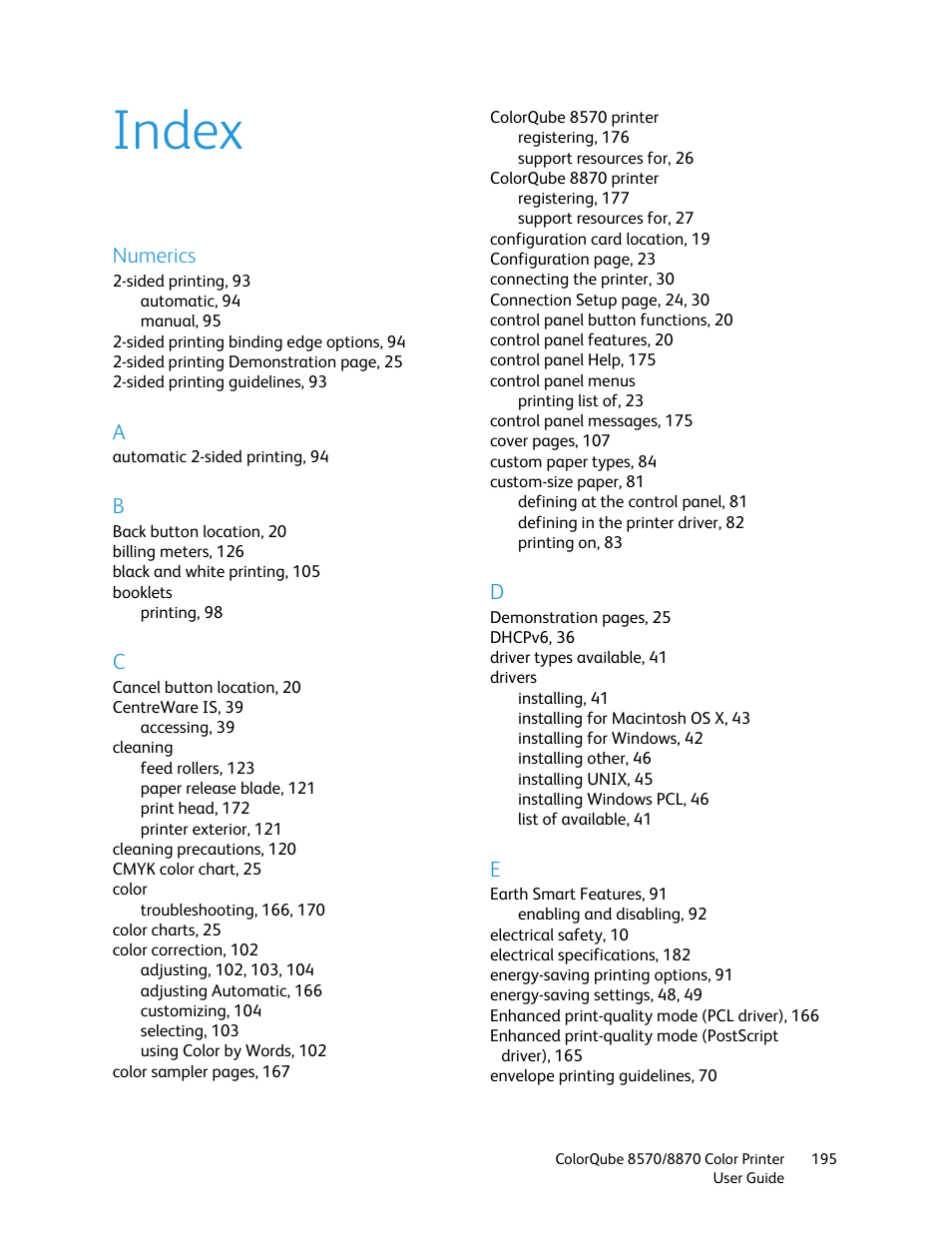 Index | Xerox COLORQUBE 8870 User Manual | Page 195 / 200