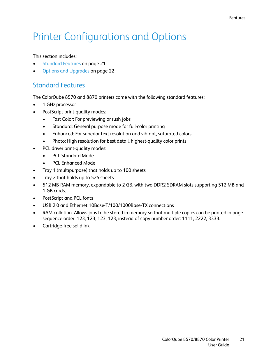 Printer configurations and options, Standard features | Xerox COLORQUBE 8870 User Manual | Page 21 / 200