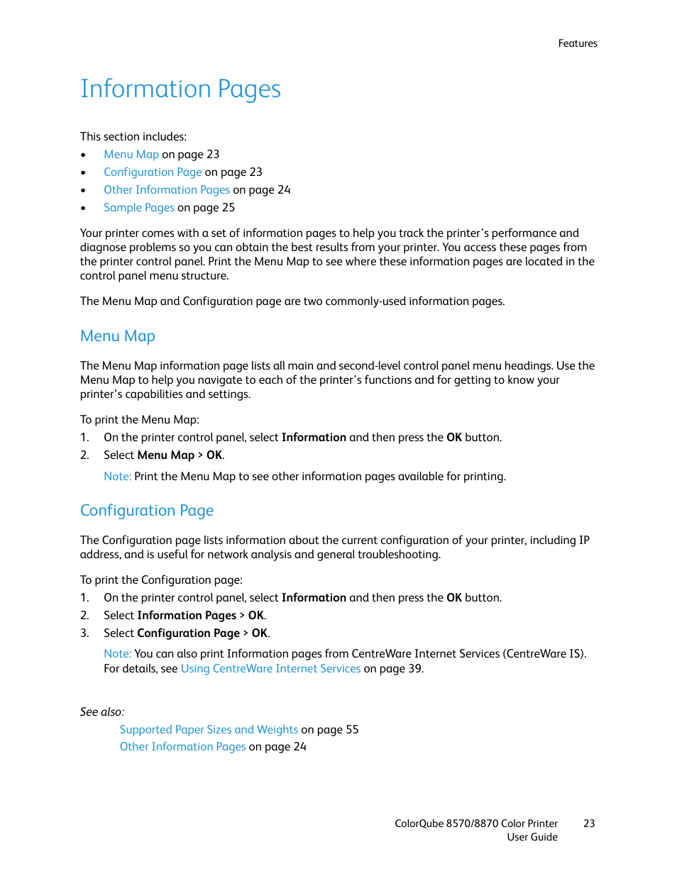 Menu map, Information pages, Configuration page | Xerox COLORQUBE 8870 User Manual | Page 23 / 200