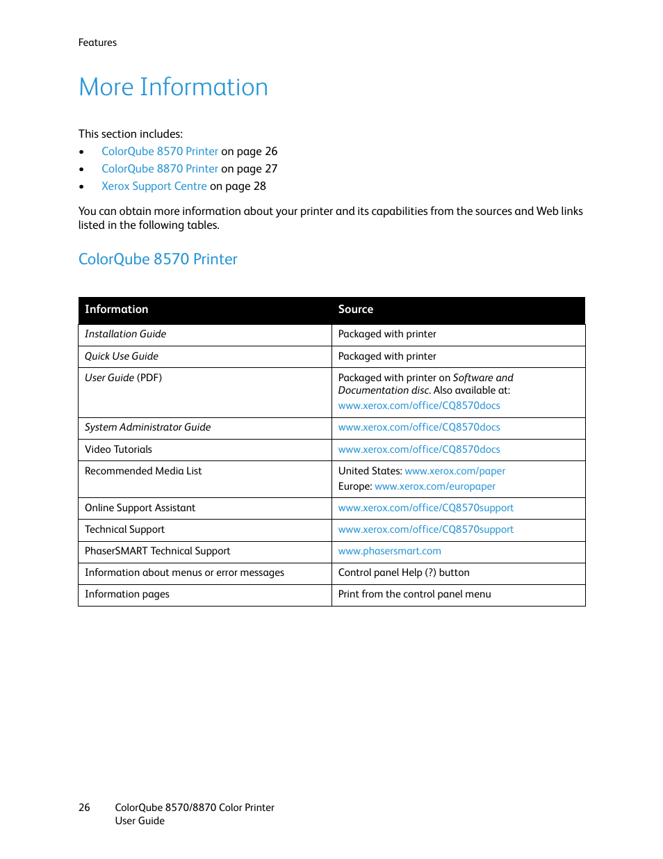 More information, Colorqube 8570 printer | Xerox COLORQUBE 8870 User Manual | Page 26 / 200