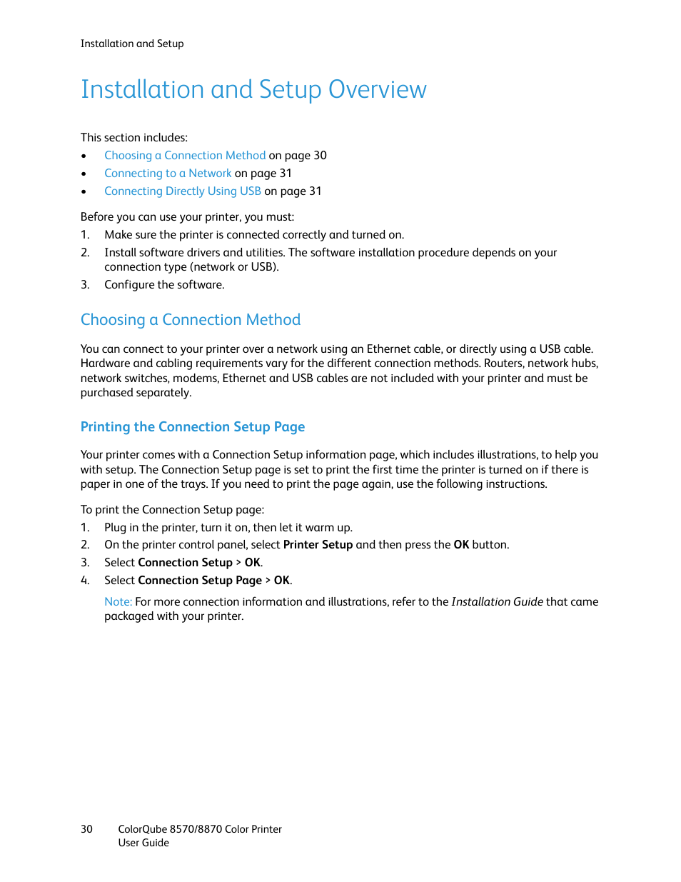 Installation and setup overview, Choosing a connection method | Xerox COLORQUBE 8870 User Manual | Page 30 / 200