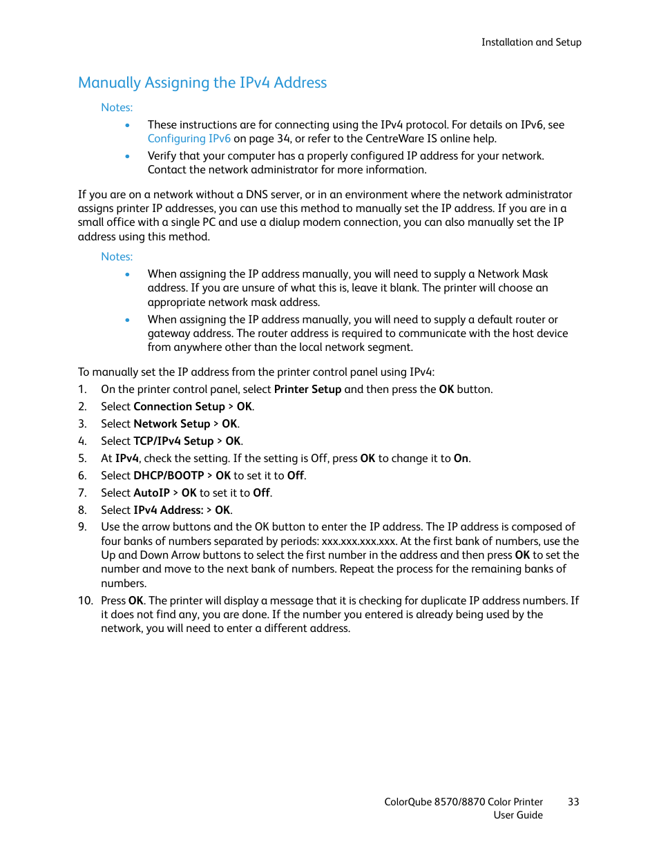 Manually assigning the ipv4 address, Manually assigning, The ipv4 address | Xerox COLORQUBE 8870 User Manual | Page 33 / 200