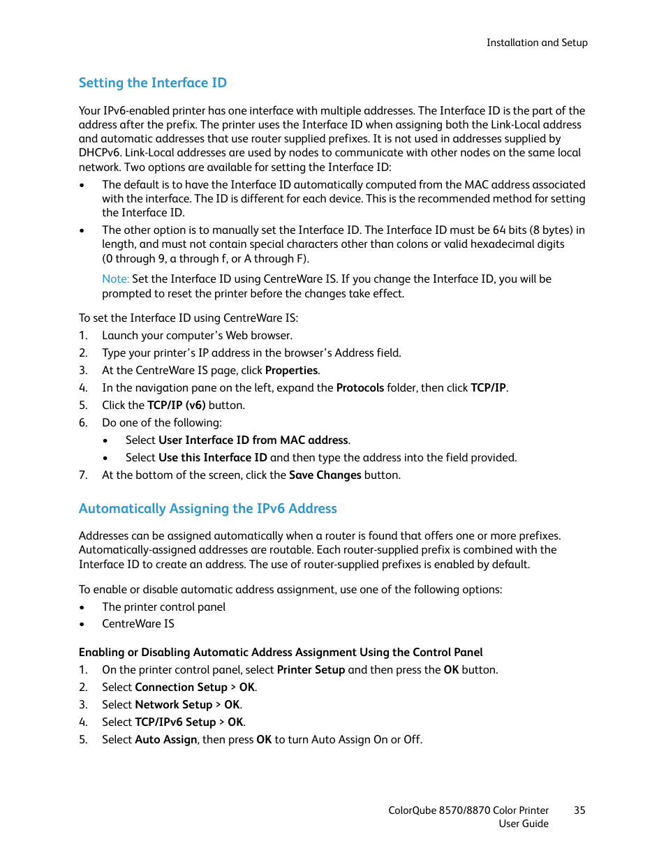 Setting the interface id, Automatically assigning the ipv6 address | Xerox COLORQUBE 8870 User Manual | Page 35 / 200