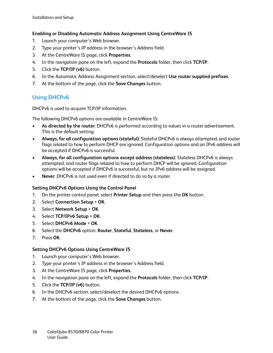Using dhcpv6 | Xerox COLORQUBE 8870 User Manual | Page 36 / 200