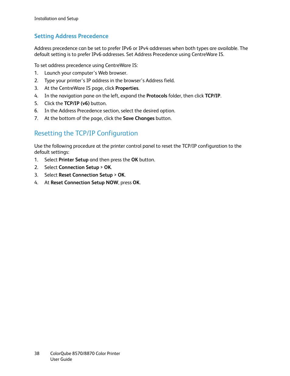 Resetting the tcp/ip configuration, Setting address precedence | Xerox COLORQUBE 8870 User Manual | Page 38 / 200