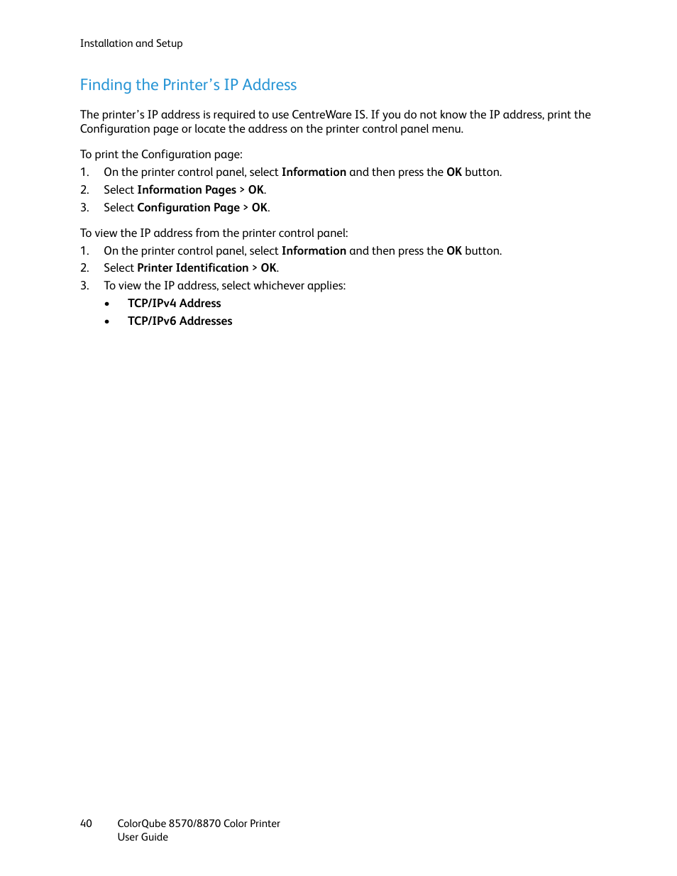 Finding the printer’s ip address | Xerox COLORQUBE 8870 User Manual | Page 40 / 200