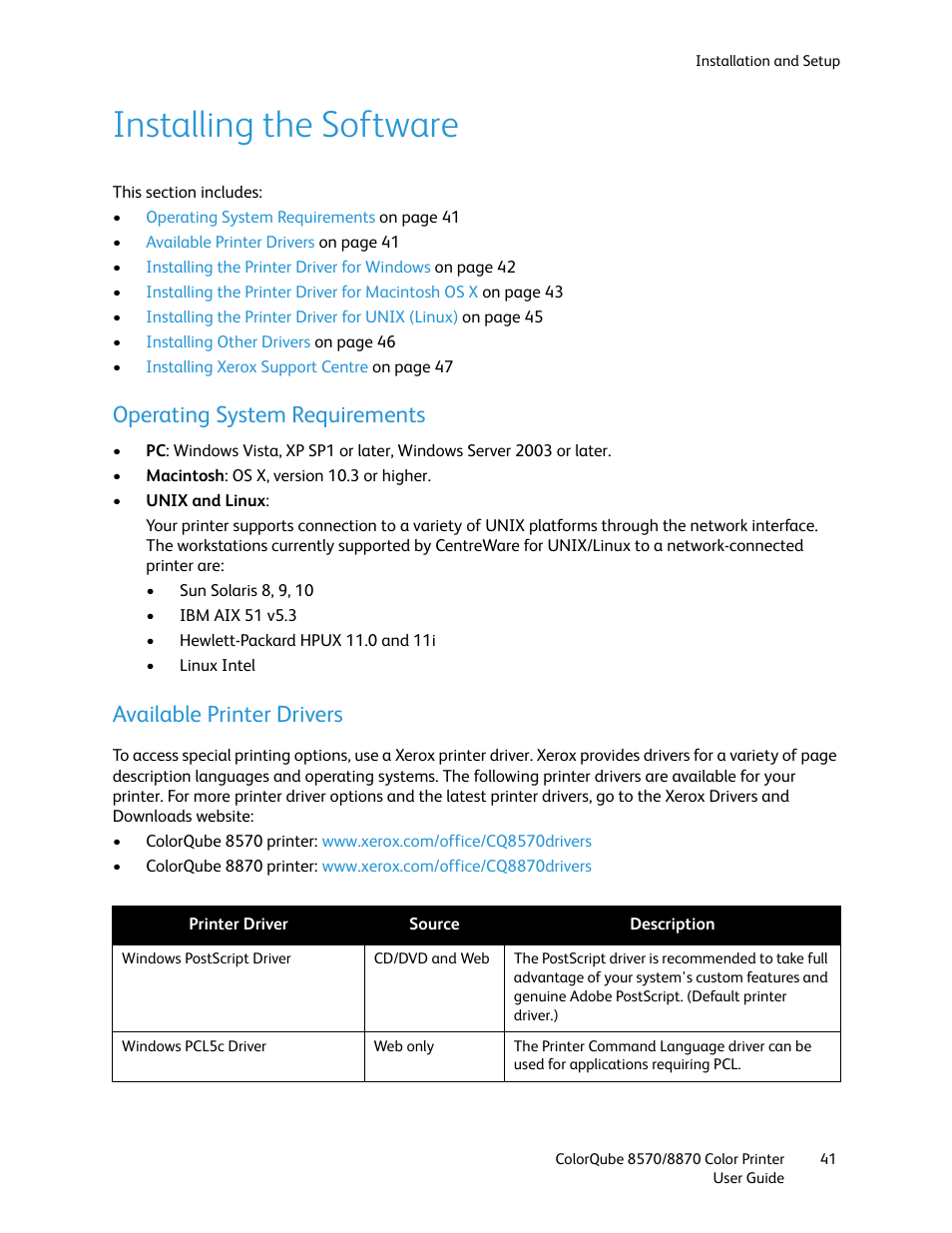 Installing the software, Operating system requirements, Available printer drivers | Xerox COLORQUBE 8870 User Manual | Page 41 / 200