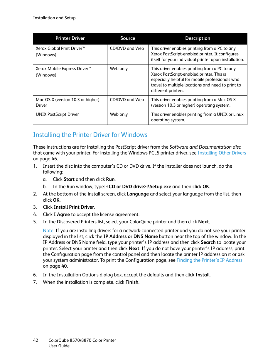 Installing the printer driver for windows | Xerox COLORQUBE 8870 User Manual | Page 42 / 200