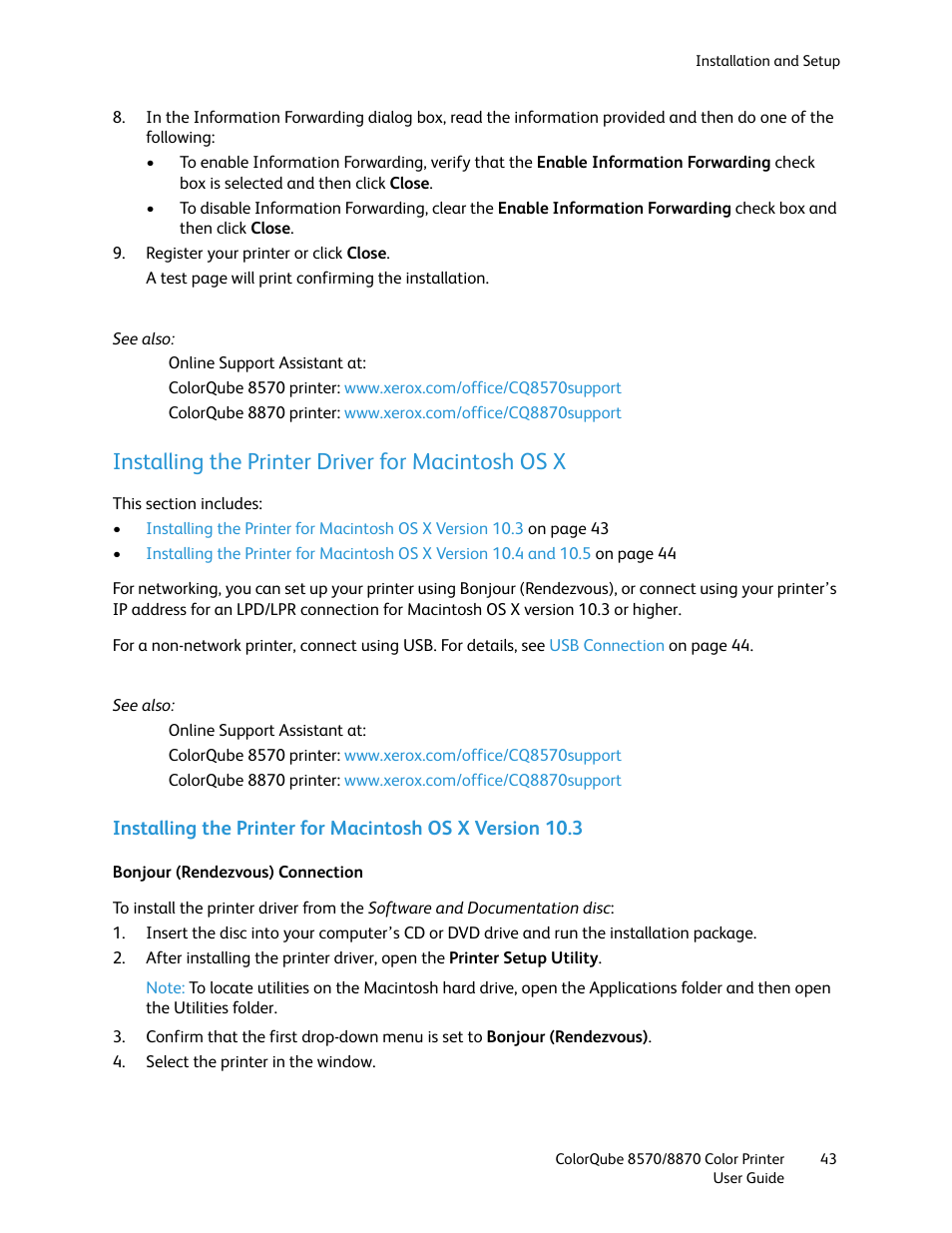 Installing the printer driver for macintosh os x | Xerox COLORQUBE 8870 User Manual | Page 43 / 200