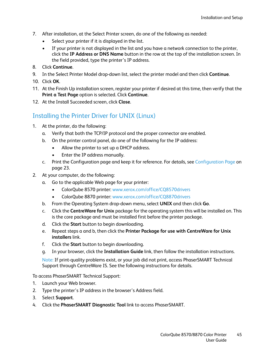 Installing the printer driver for unix (linux) | Xerox COLORQUBE 8870 User Manual | Page 45 / 200