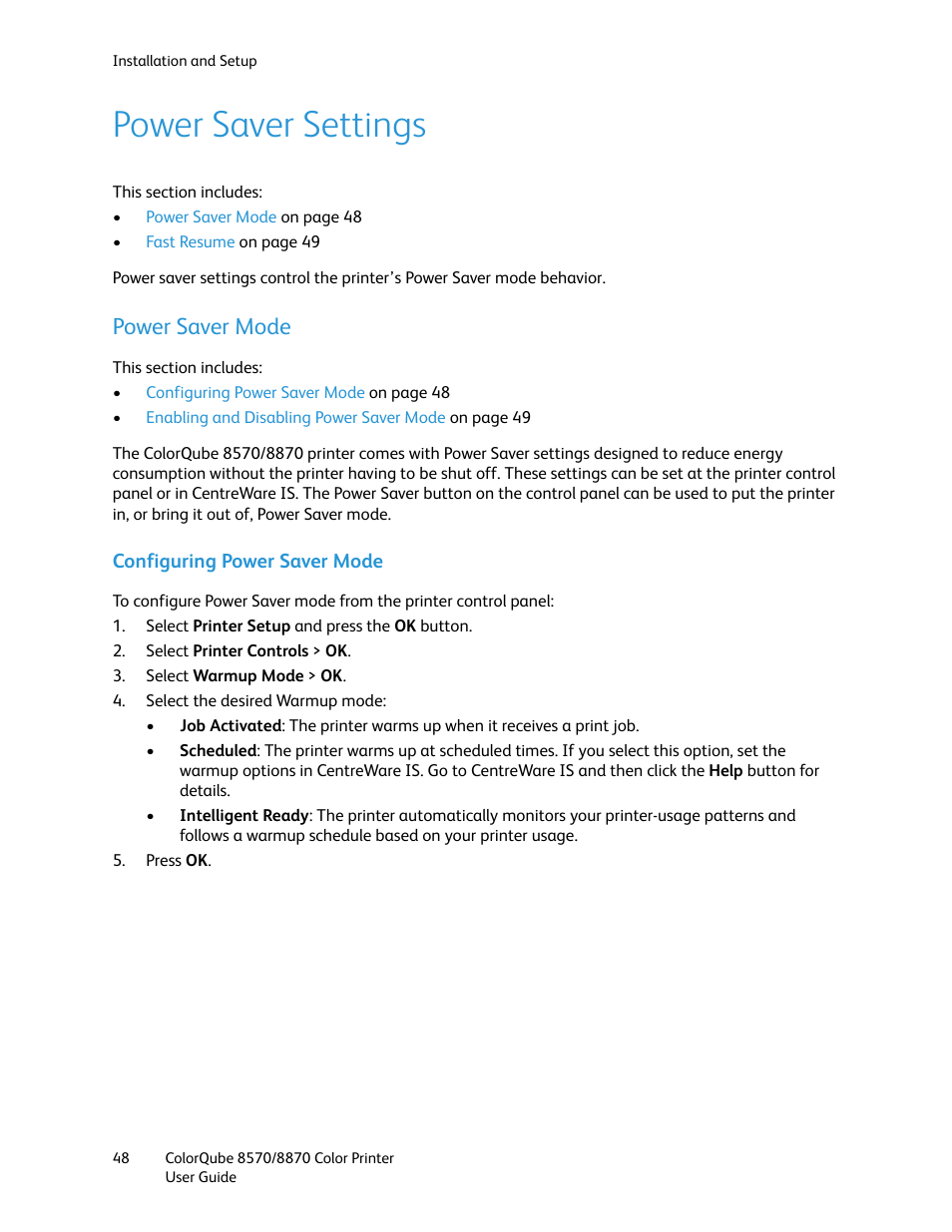 Power saver settings, Power saver mode | Xerox COLORQUBE 8870 User Manual | Page 48 / 200