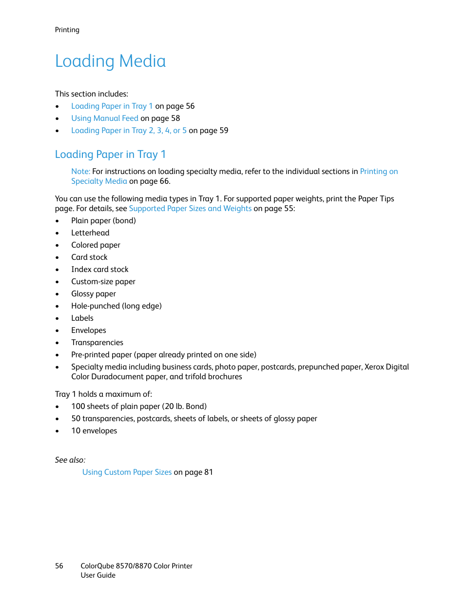 Loading media, Loading paper in tray 1 | Xerox COLORQUBE 8870 User Manual | Page 56 / 200