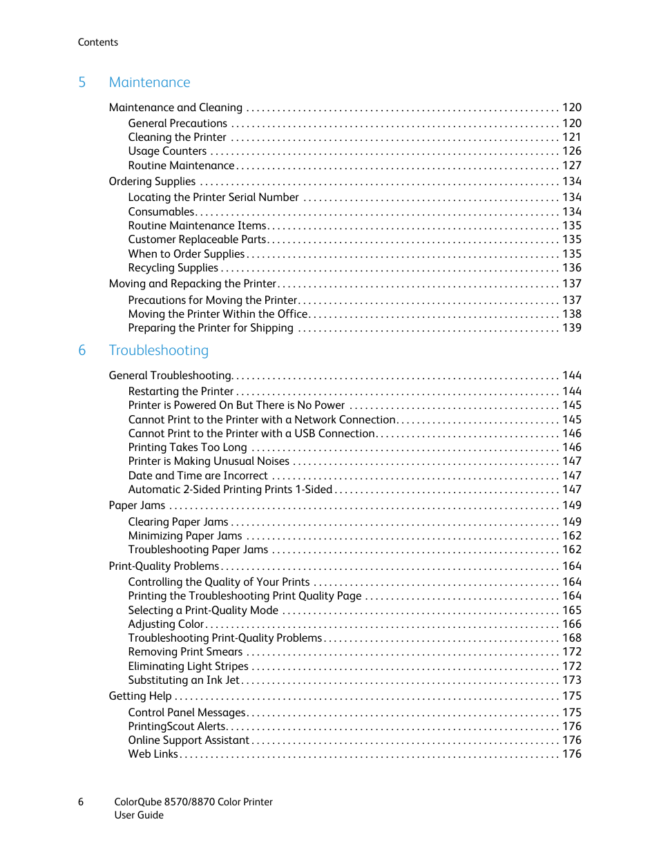 5maintenance, 6troubleshooting | Xerox COLORQUBE 8870 User Manual | Page 6 / 200