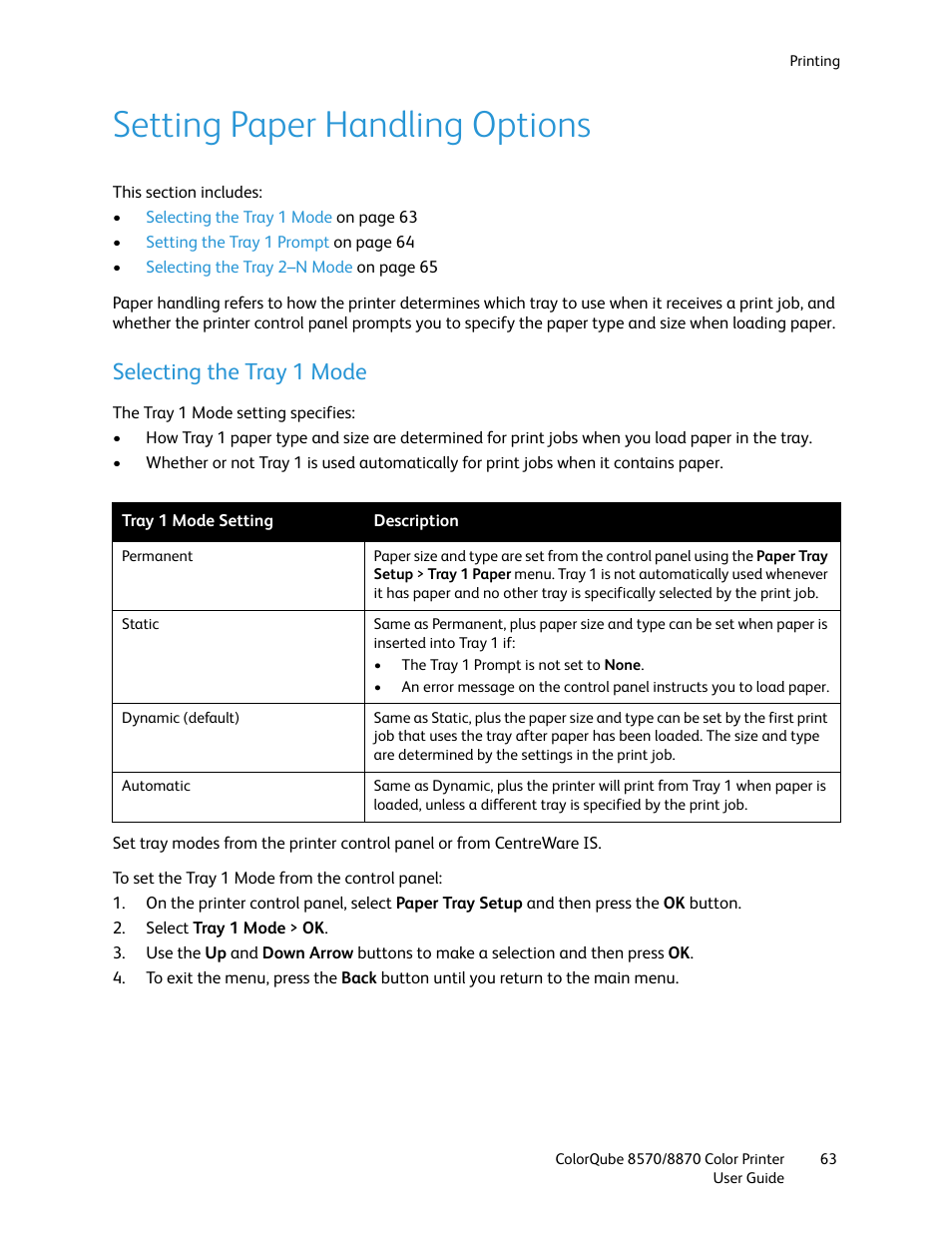 Setting paper handling options, Selecting the tray 1 mode | Xerox COLORQUBE 8870 User Manual | Page 63 / 200