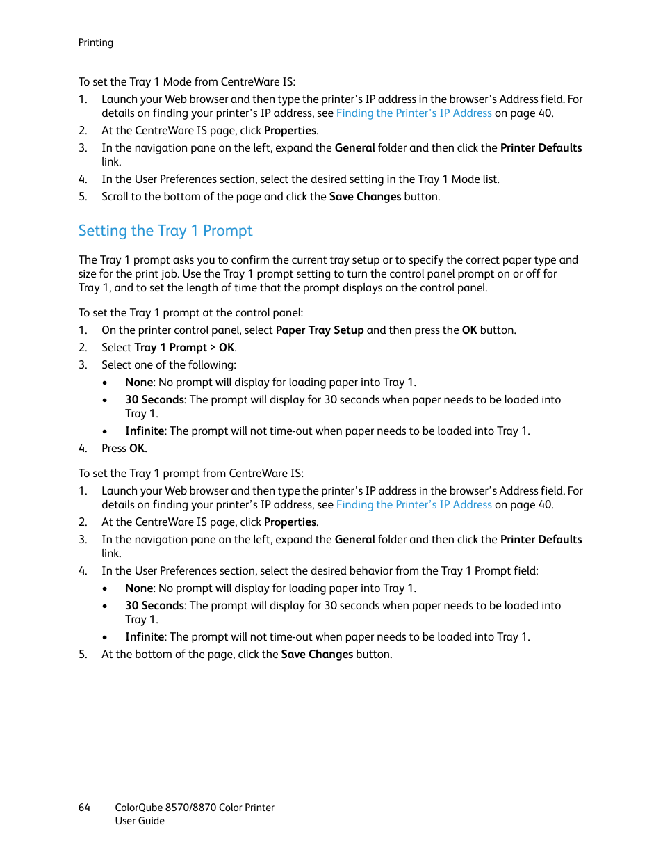 Setting the tray 1 prompt | Xerox COLORQUBE 8870 User Manual | Page 64 / 200