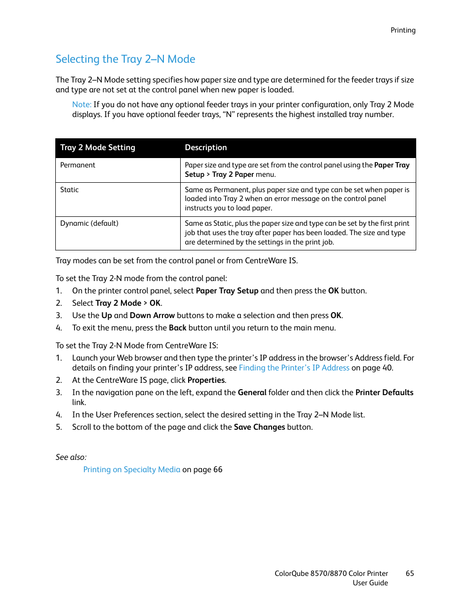 Selecting the tray 2-n mode, Selecting the tray 2–n mode | Xerox COLORQUBE 8870 User Manual | Page 65 / 200
