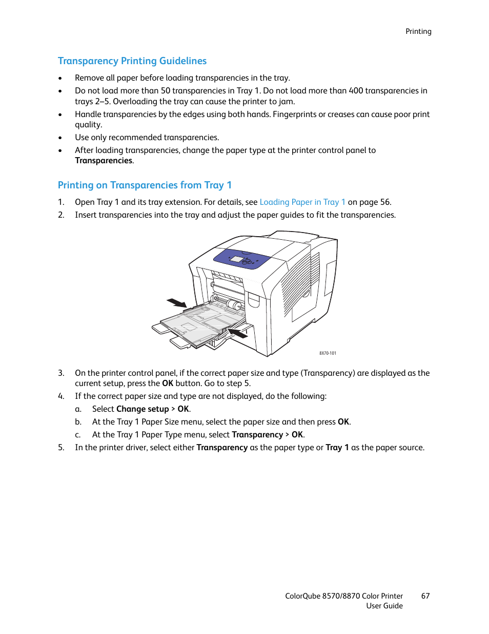Transparency printing guidelines, Printing on transparencies from tray 1 | Xerox COLORQUBE 8870 User Manual | Page 67 / 200