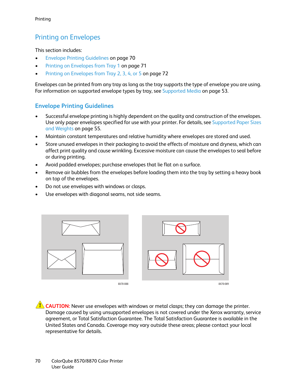 Printing on envelopes | Xerox COLORQUBE 8870 User Manual | Page 70 / 200