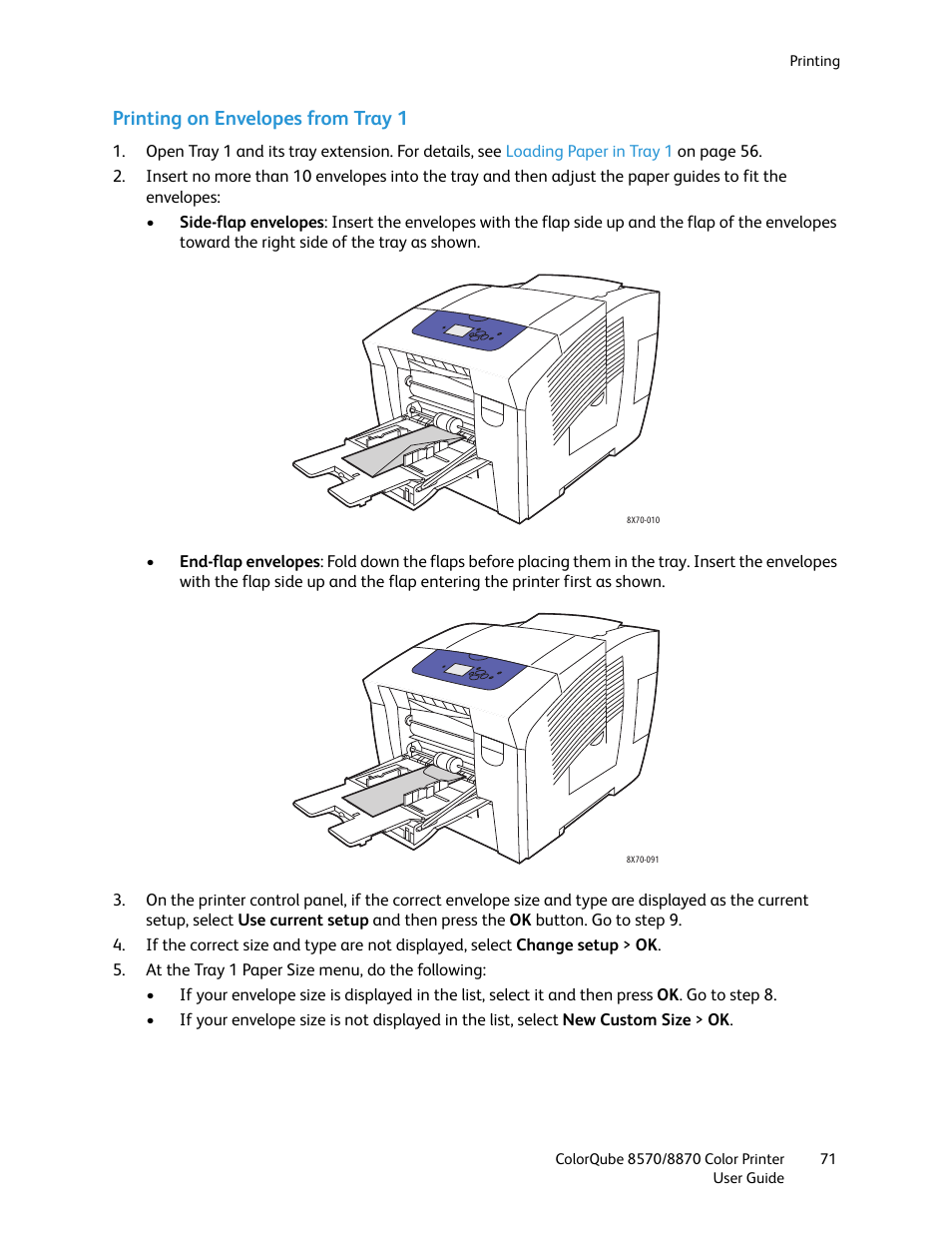 Printing on envelopes from tray 1 | Xerox COLORQUBE 8870 User Manual | Page 71 / 200