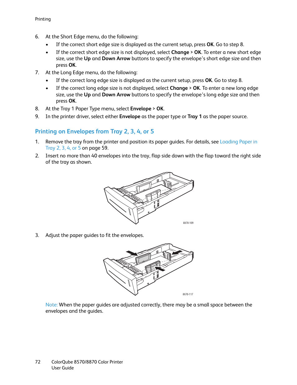 Printing on envelopes from tray 2, 3, 4, or 5 | Xerox COLORQUBE 8870 User Manual | Page 72 / 200