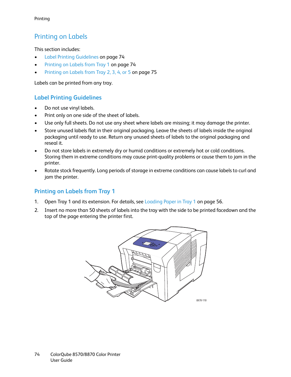 Printing on labels | Xerox COLORQUBE 8870 User Manual | Page 74 / 200