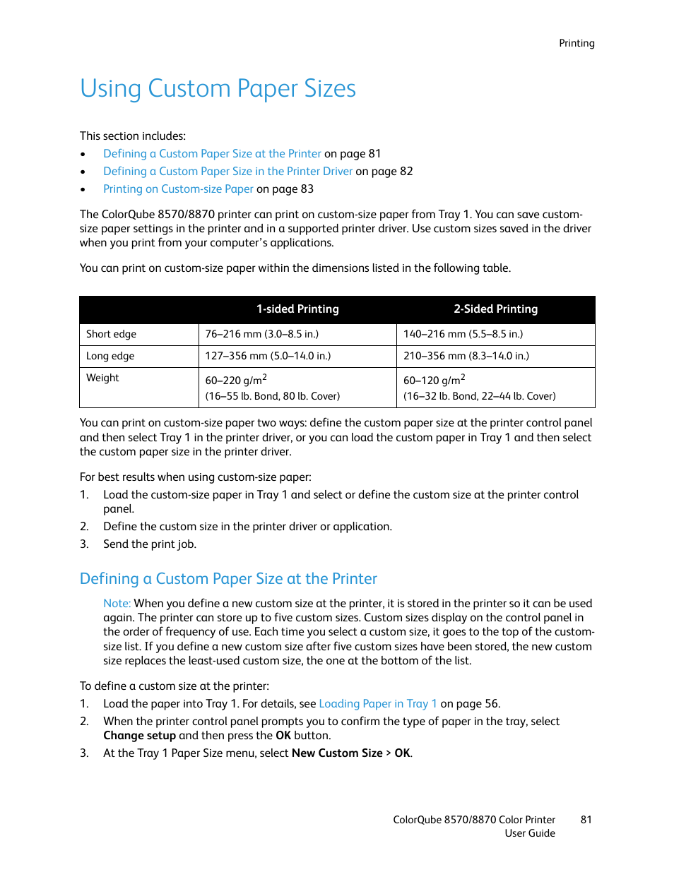 Using custom paper sizes, Defining a custom paper size at the printer | Xerox COLORQUBE 8870 User Manual | Page 81 / 200