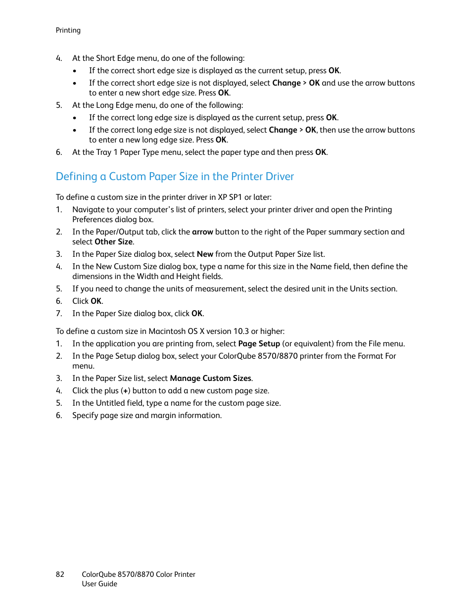 Defining a custom paper size in the printer driver | Xerox COLORQUBE 8870 User Manual | Page 82 / 200