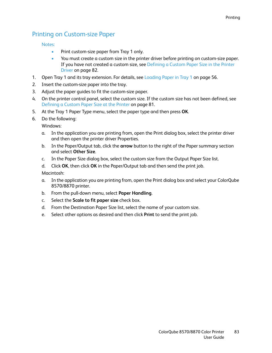 Printing on custom-size paper | Xerox COLORQUBE 8870 User Manual | Page 83 / 200