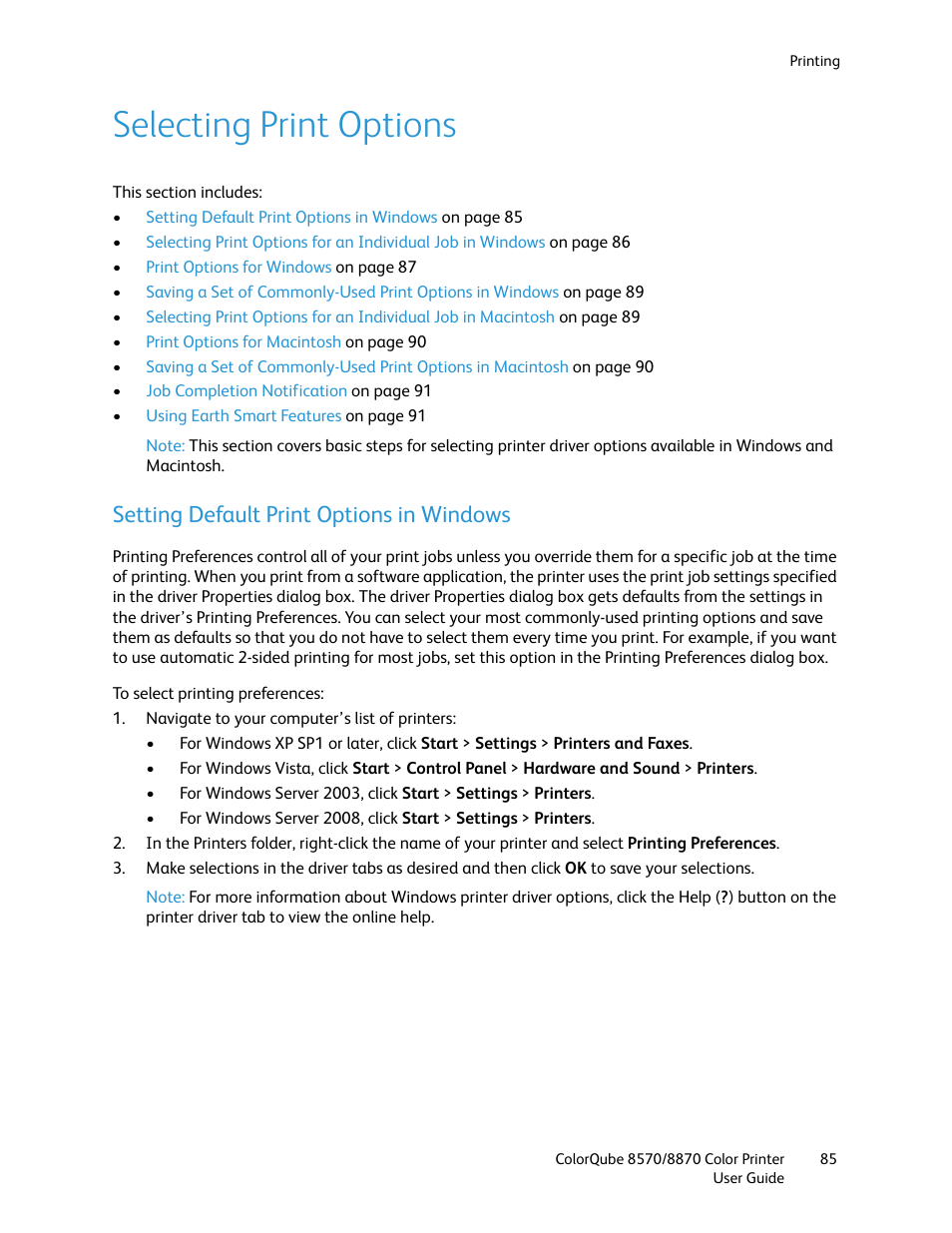 Selecting print options, Setting default print options in windows | Xerox COLORQUBE 8870 User Manual | Page 85 / 200