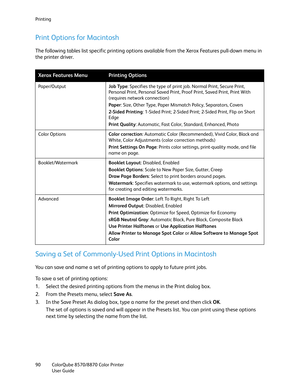 Print options for macintosh | Xerox COLORQUBE 8870 User Manual | Page 90 / 200