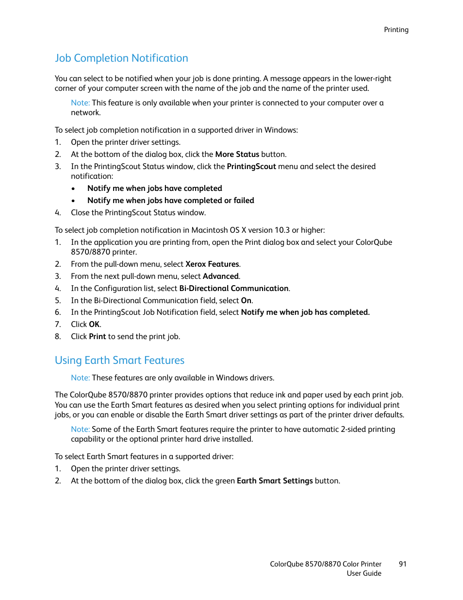 Job completion notification, Using earth smart features | Xerox COLORQUBE 8870 User Manual | Page 91 / 200