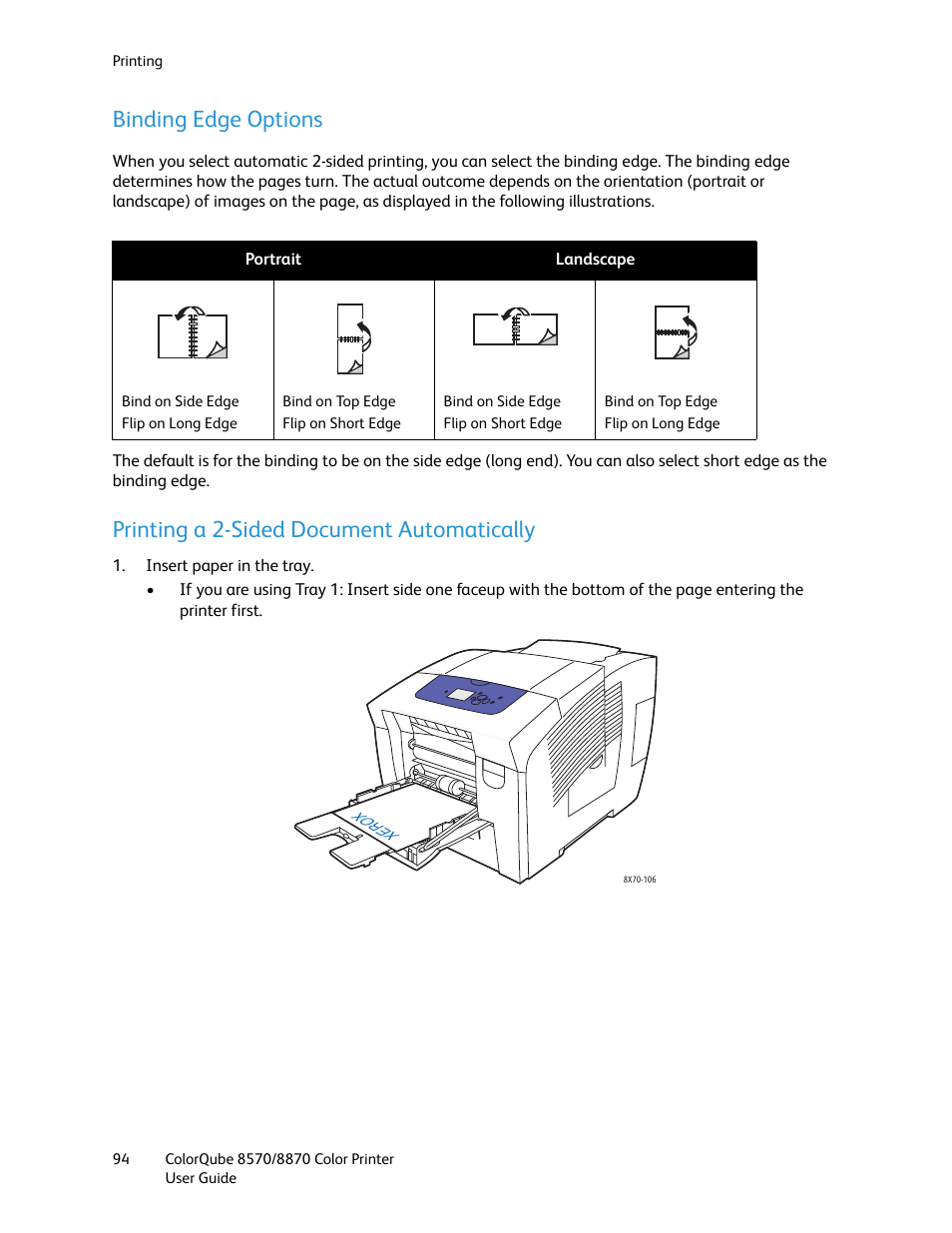 Binding edge options, Printing a 2-sided document automatically | Xerox COLORQUBE 8870 User Manual | Page 94 / 200