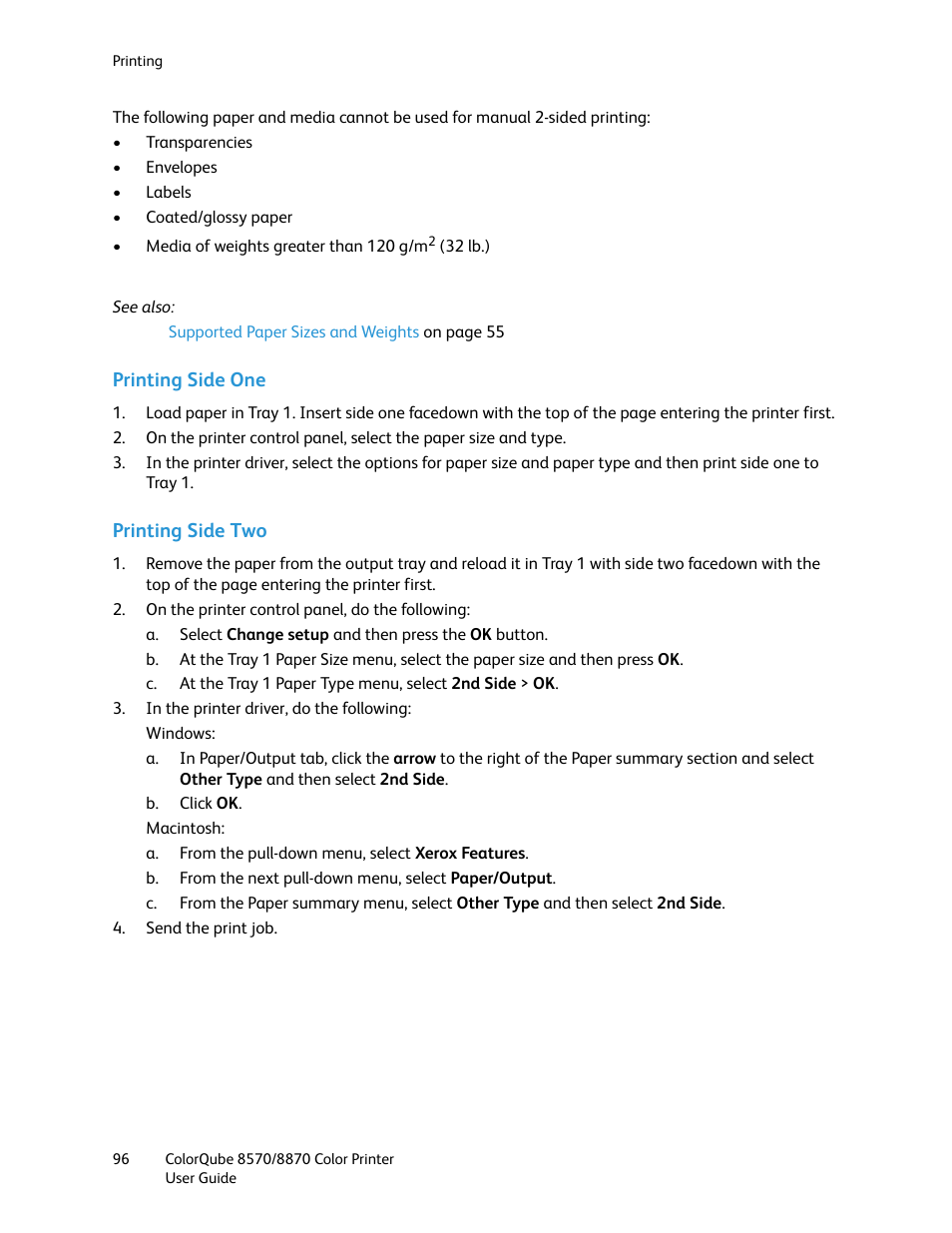 Printing, Side two | Xerox COLORQUBE 8870 User Manual | Page 96 / 200