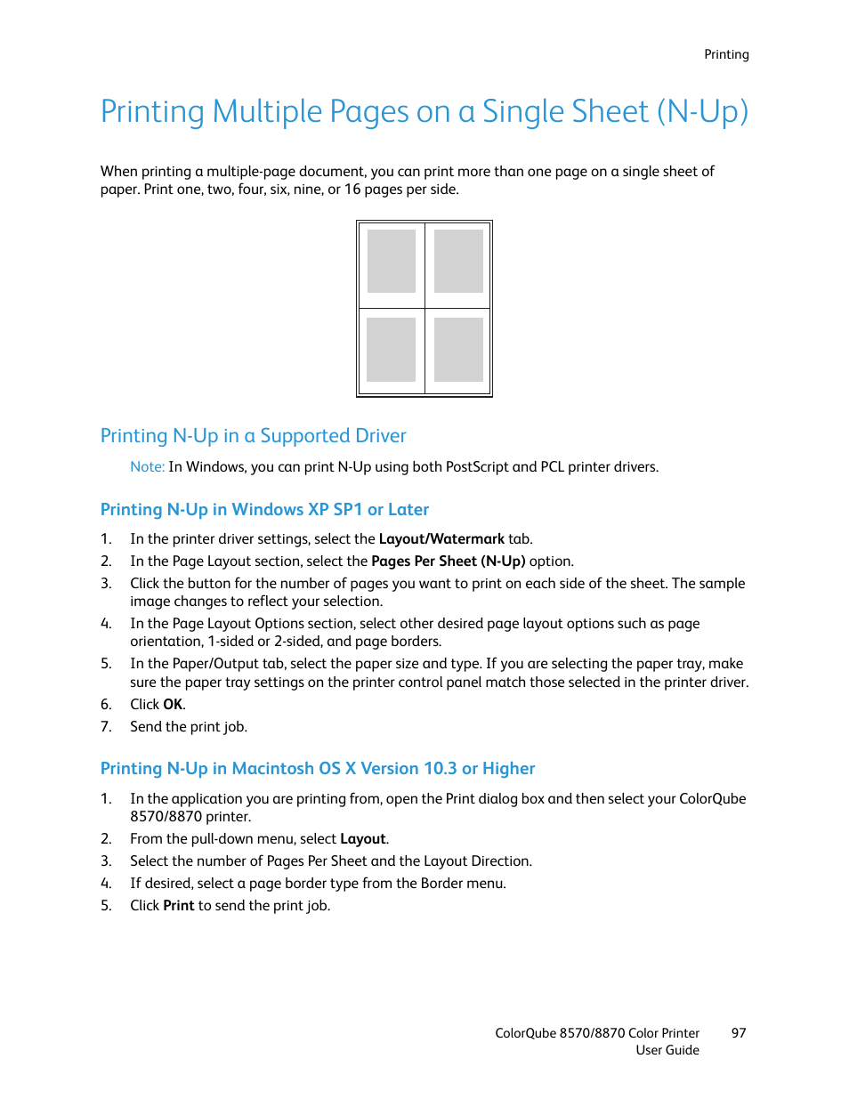 Printing n-up in a supported driver, Printing multiple pages on a single sheet (n-up) | Xerox COLORQUBE 8870 User Manual | Page 97 / 200