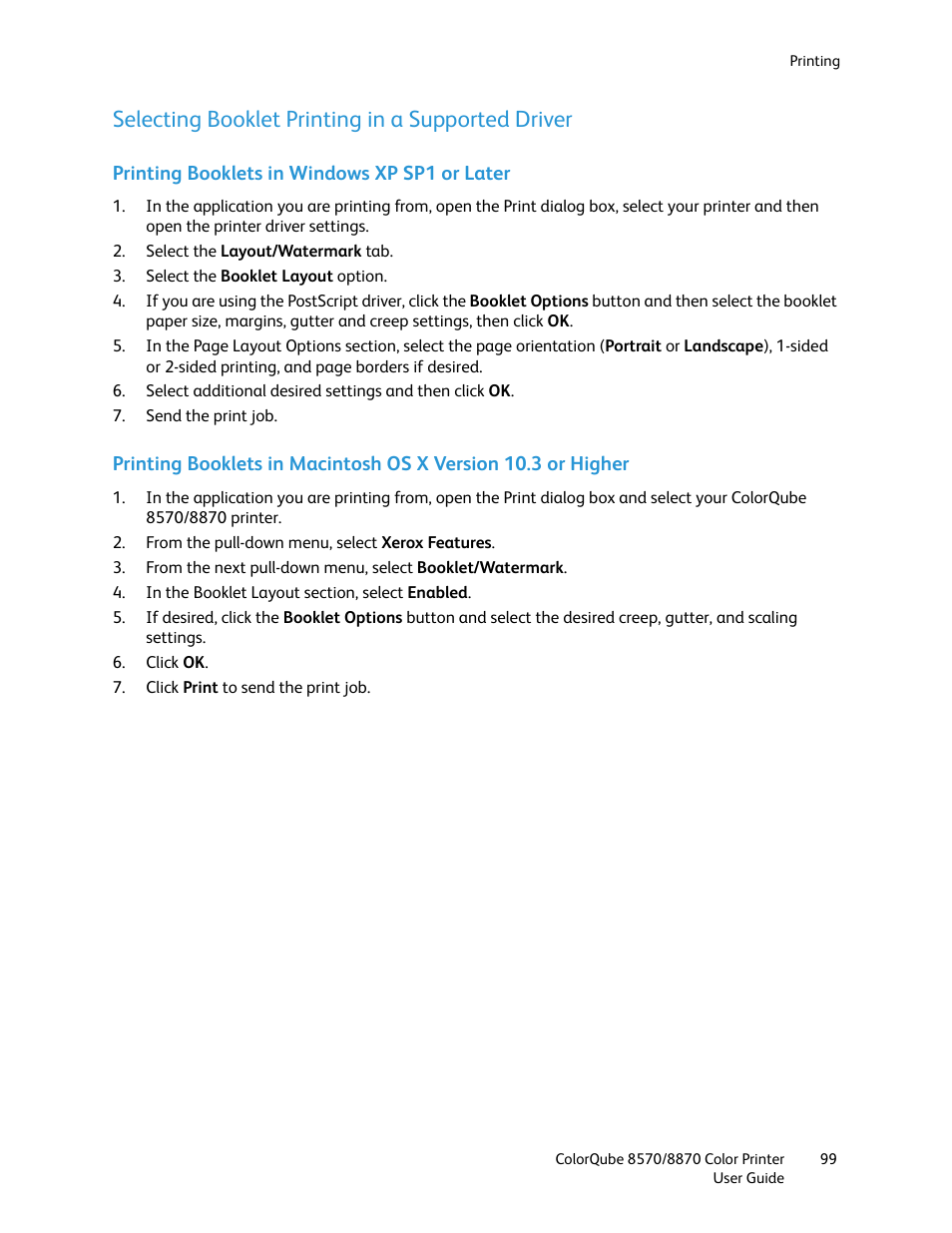 Selecting booklet printing in a supported driver | Xerox COLORQUBE 8870 User Manual | Page 99 / 200