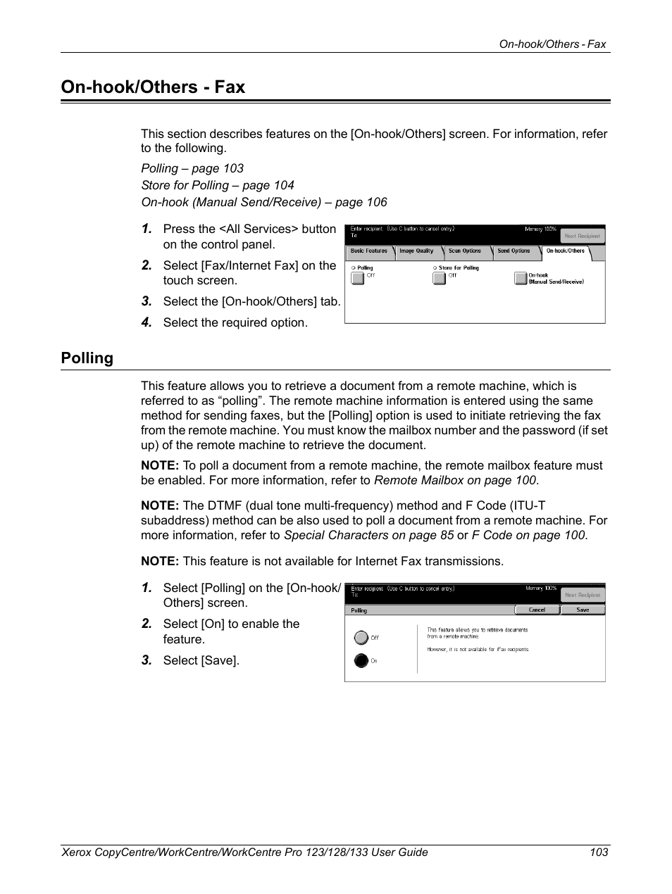 On-hook/others - fax, Polling | Xerox 604P18057 User Manual | Page 103 / 364