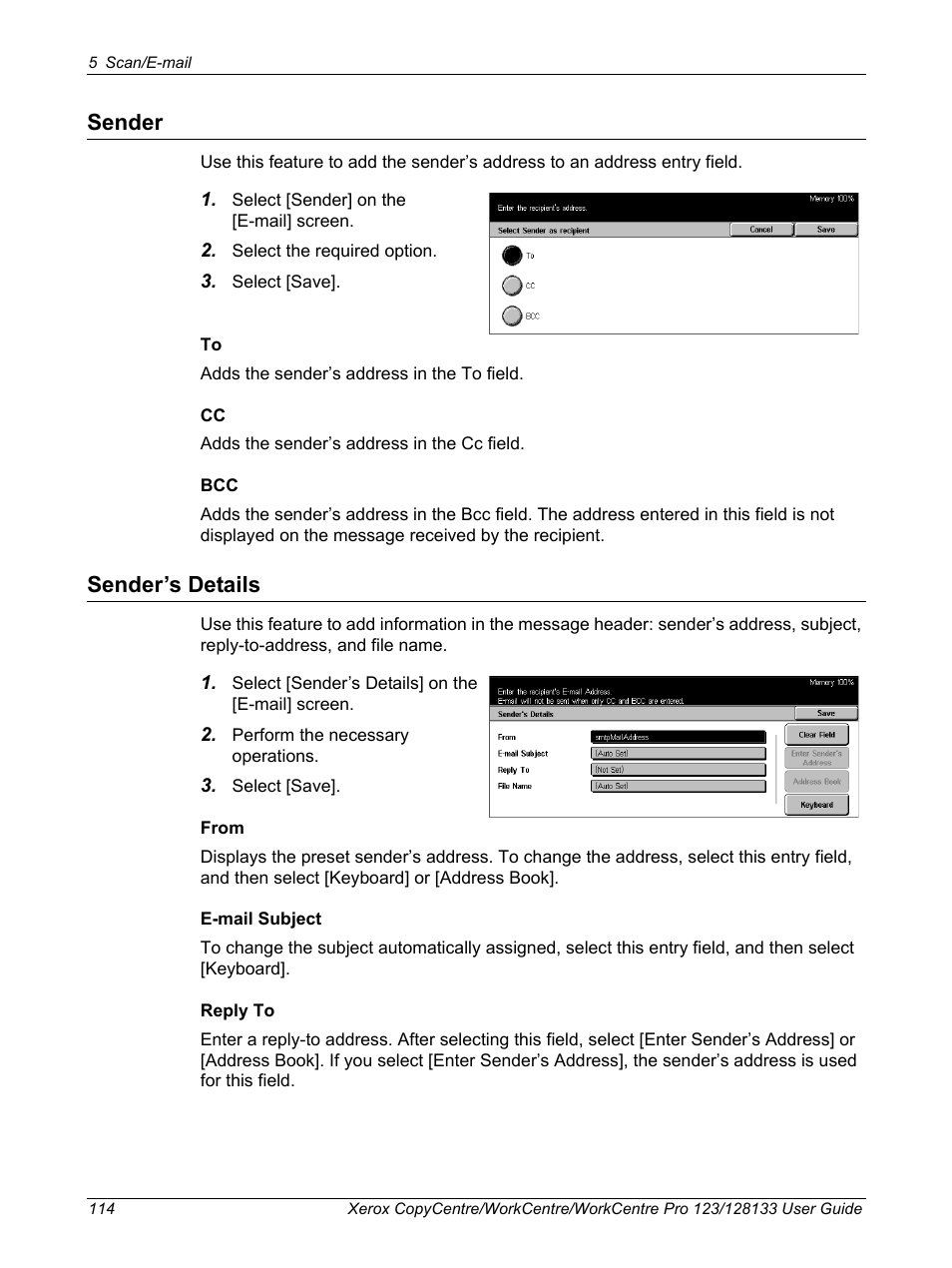 Sender, Sender’s details, Sender sender’s details | Xerox 604P18057 User Manual | Page 114 / 364