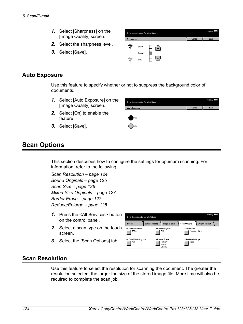 Auto exposure, Scan options, Scan resolution | Xerox 604P18057 User Manual | Page 124 / 364