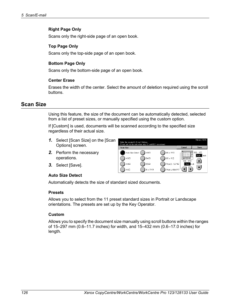 Scan size | Xerox 604P18057 User Manual | Page 126 / 364