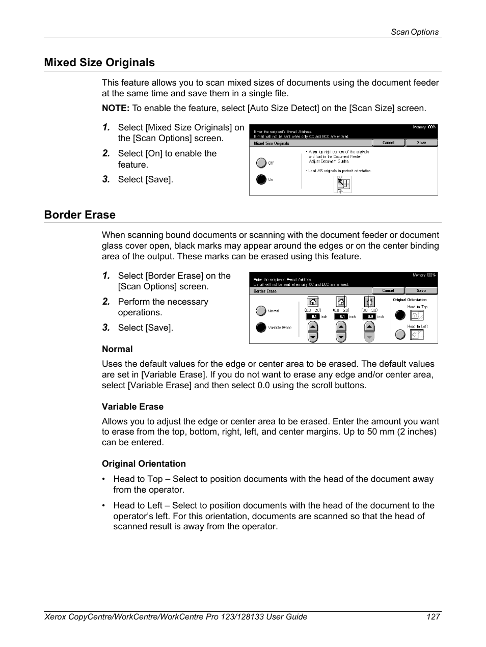 Mixed size originals, Border erase, Mixed size originals border erase | Xerox 604P18057 User Manual | Page 127 / 364