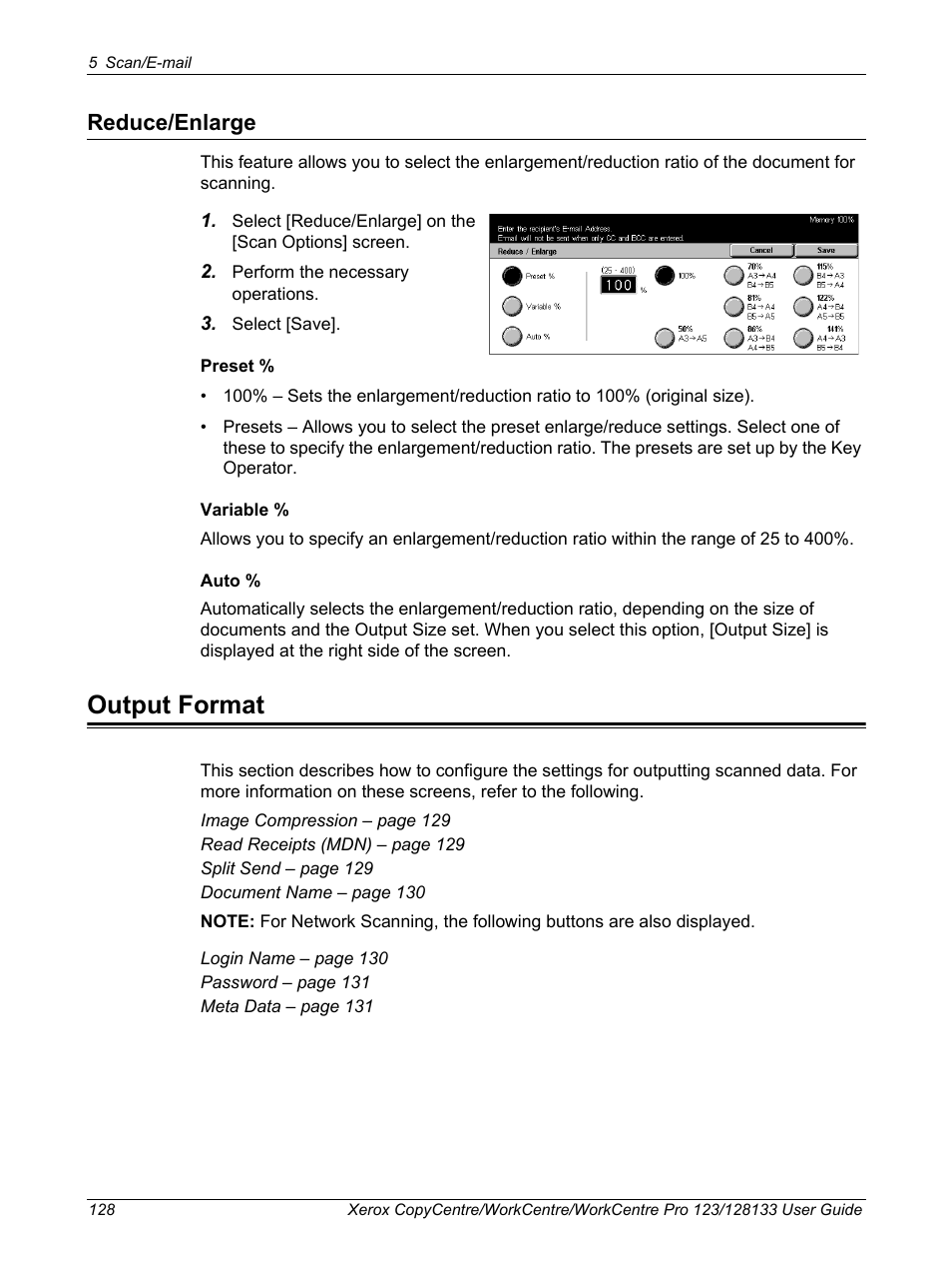 Reduce/enlarge, Output format | Xerox 604P18057 User Manual | Page 128 / 364