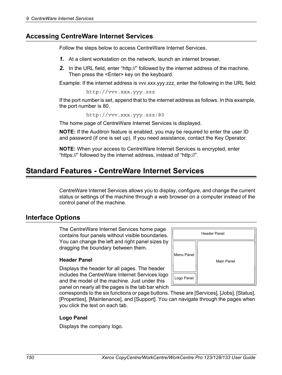 Accessing centreware internet services, Standard features - centreware internet services, Interface options | Xerox 604P18057 User Manual | Page 150 / 364