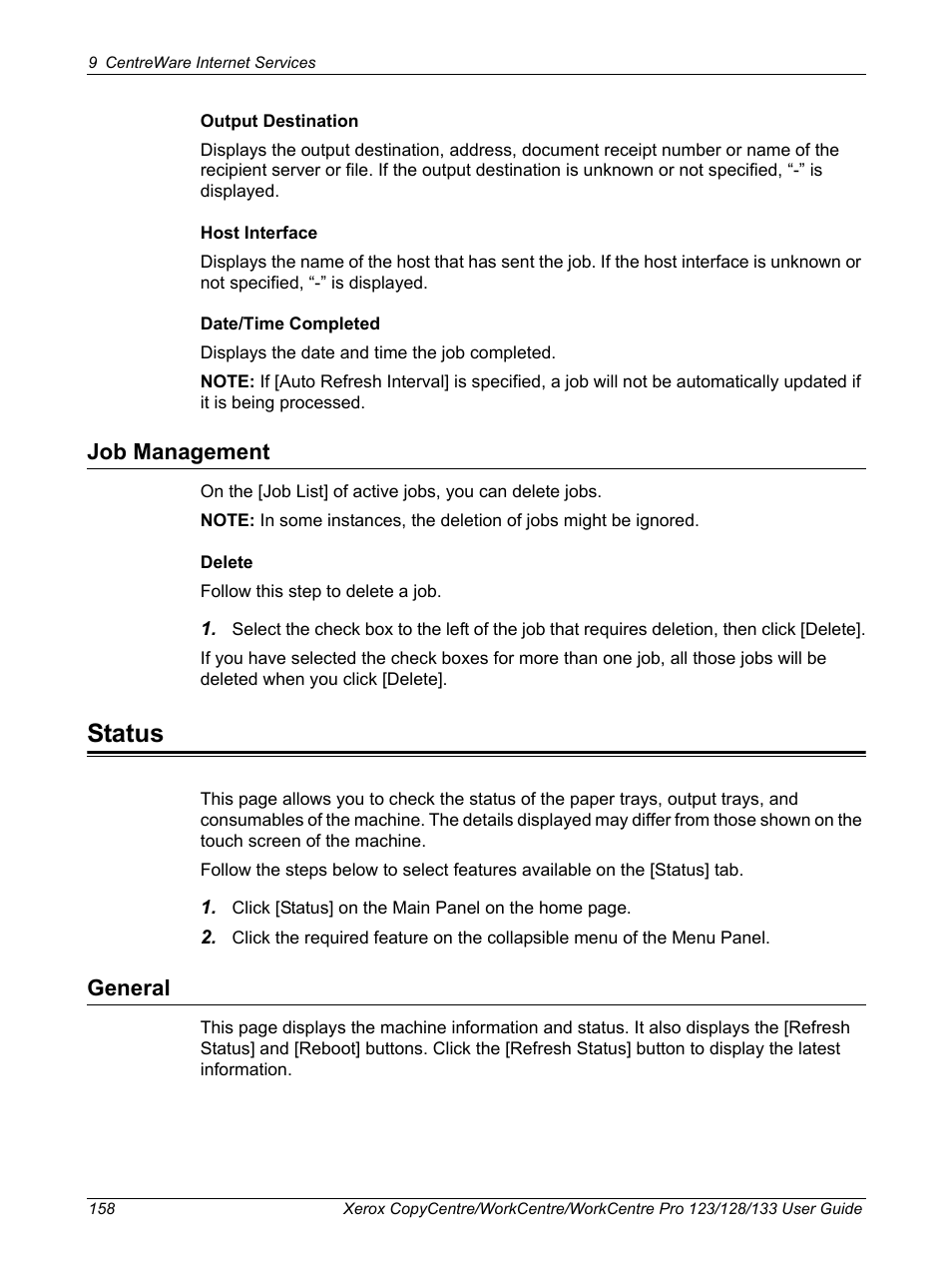 Job management, Status, General | Xerox 604P18057 User Manual | Page 158 / 364