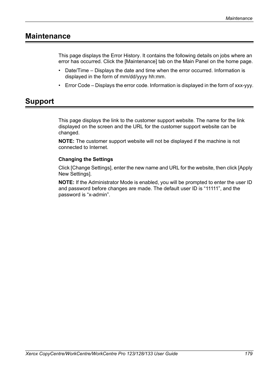 Maintenance, Support, Maintenance support | Xerox 604P18057 User Manual | Page 179 / 364