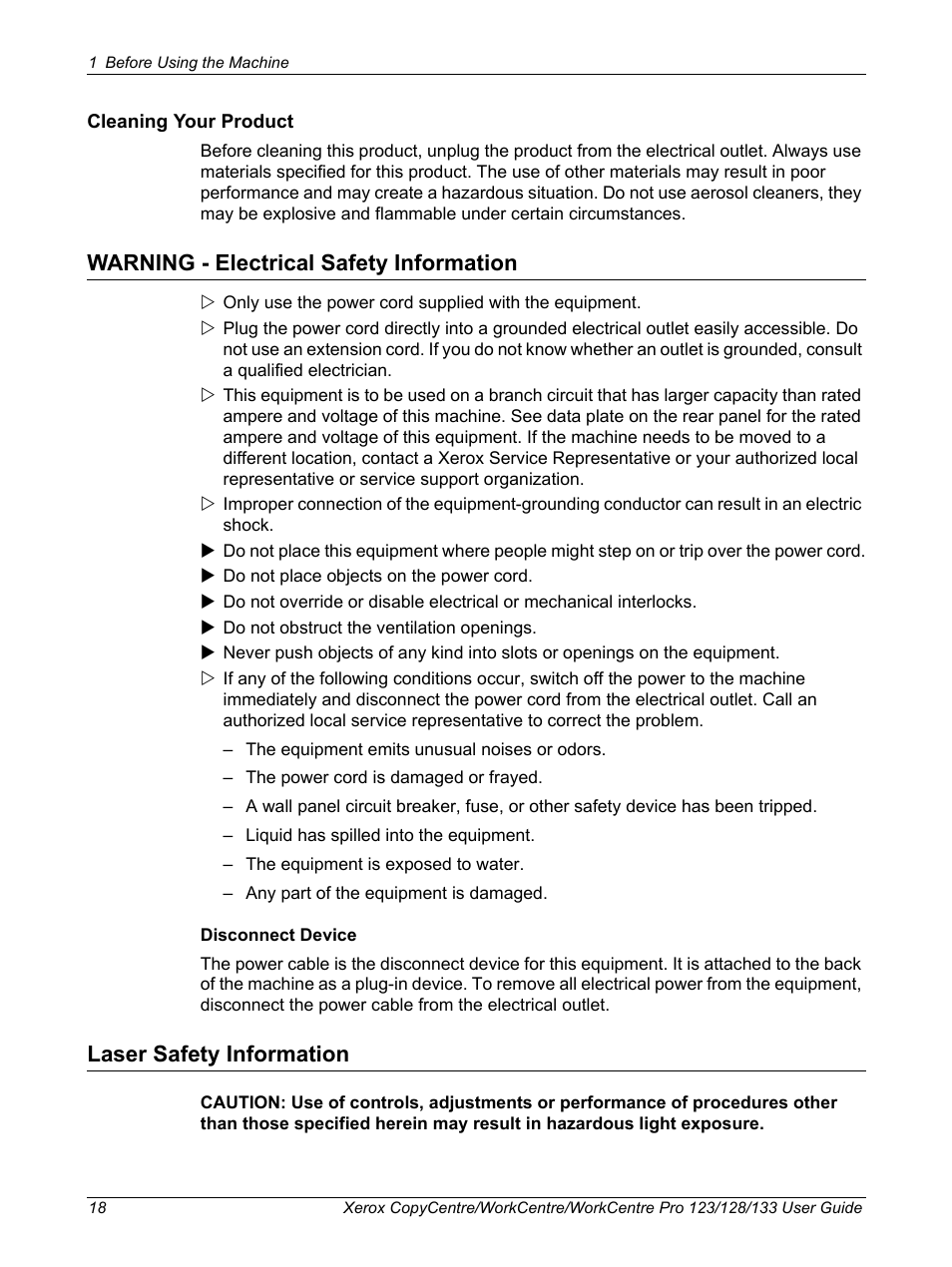 Warning - electrical safety information, Laser safety information | Xerox 604P18057 User Manual | Page 18 / 364