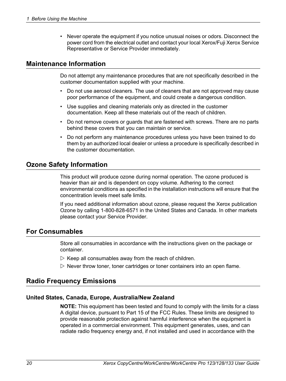 Maintenance information, Ozone safety information, For consumables | Radio frequency emissions | Xerox 604P18057 User Manual | Page 20 / 364